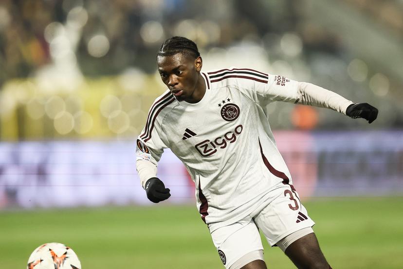 Ajax' Jorthy Mokio pictured in action during a soccer game between Belgian Royale Union Saint-Gilloise and Dutch AFC Ajax, on Thursday 13 February 2025 in Brussels, the first leg of the Knockout phase play-offs of the UEFA Europa League competition. BELGA PHOTO BRUNO FAHY