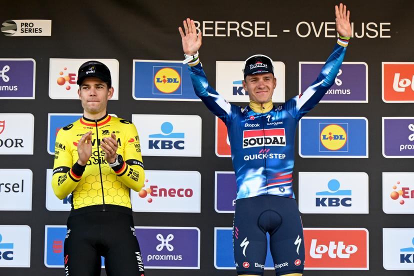 Belgian Wout van Aert of Team Visma-Lease a Bike and Belgian Remco Evenepoel of Soudal Quick-Step pictured on the podium after the men's 'Brabantse Pijl' one day cycling race, 162,5km from Huizingen, Beersel to Overijse on Friday 18 April 2025. BELGA PHOTO TOM GOYVAERTS