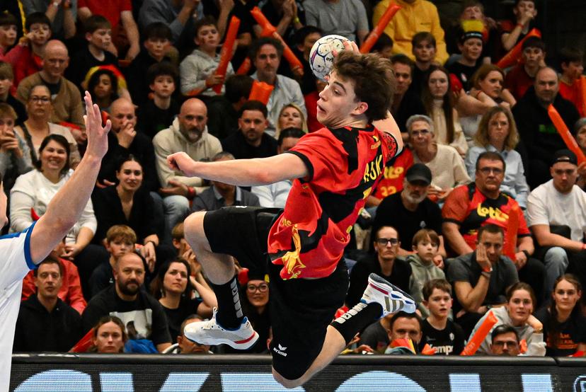 Belgium's Dree Riske pictured in action during a handball game between Belgian national team 'Red Wolves' and Greece, Saturday 21 March 2026 in Hasselt, fase 2 the qualifications for the men's 2027 World Championship. BELGA PHOTO JILL DELSAUX