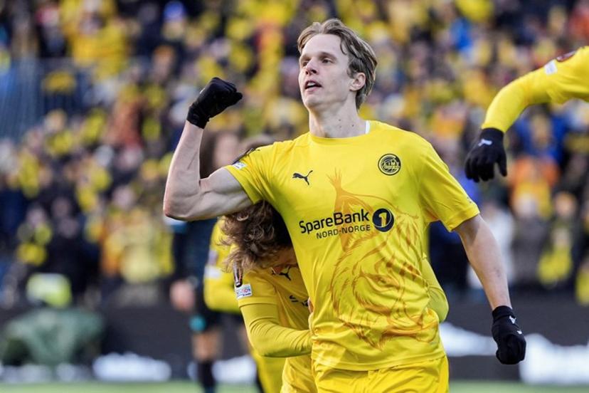 Bodoe/Glimt's Norwegian midfielder #14 Ulrik Saltnes celebrates his 1-0 during the UEFA Europa League Quarter Final, 1st leg football match Bodo/Glimt v S S Lazio in Bodo, Norway, on April 10, 2025.  Lise Åserud / NTB / AFP