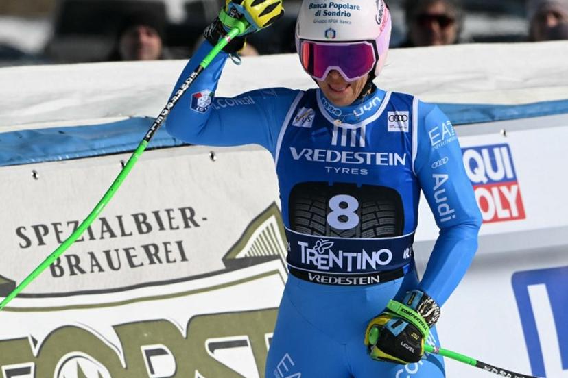 Italy's Elena Curtoni reacts after her run in the Women's Super G race of the FIS Ski World Cup at the La Volata slope in the Passo San Pellegrino ski area, Val di Fassa, Italy on March 8, 2026.  Andreas SOLARO / AFP