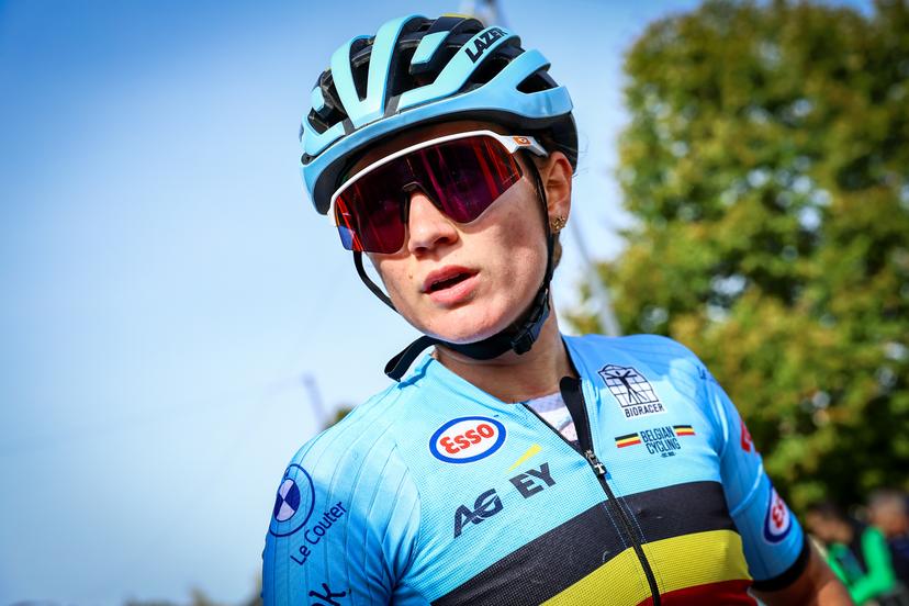 Belgium Tess Moerman pictured after the 85,7 km Women U23 Road Race at the UEC road European cycling championships, France on Friday 03 October 2025. The European cycling championships Drome-Ardeche takes place from 1 to 5 October, France. BELGA PHOTO DAVID PINTENS