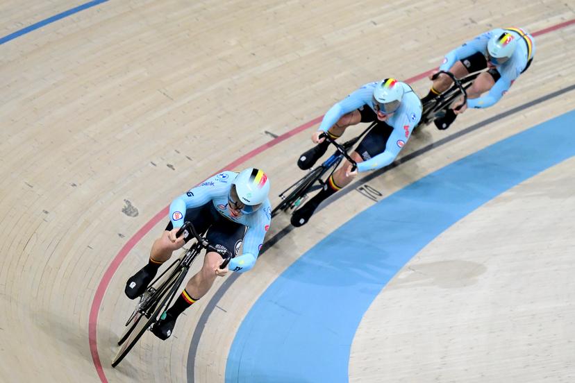 Belgian Runar De Schrijver, Yeno Vingerhoets and Belgian Lowie Nulens pictured in action during the men's Team Sprint first round at the first day of the 2026 UEC Track Elite European Championships, in Konya, Turkey, Sunday 01 February 2026. The European Championships take place from 01 to 05 February 2026. BELGA PHOTO DIRK WAEM