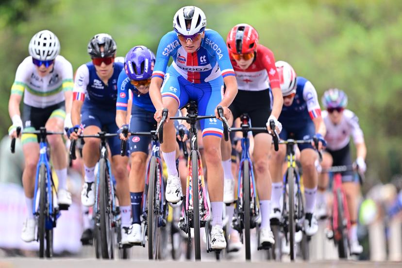 The pack of riders pictured in action during the U23 women road race (119,3 km) at the cycling road World Championships in Kigali, Rwanda, Thursday 25 September 2025. The 2025 UCI Road World Championships take place from 21 to 28 September in Kigali, Rwanda. BELGA PHOTO DIRK WAEM