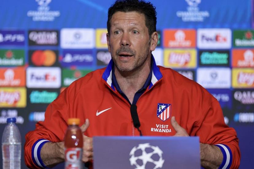 Atletico Madrid's Argentine coach Diego Simeone gives a press conference on the eve of their UEFA Champions League knockout round play-off second leg football match against Club Brugge KV at the Metropolitano Stadium in Madrid on February 23, 2026.  Thomas COEX / AFP