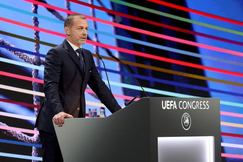 UEFA president Aleksander Ceferin addresses the audience during the 49th UEFA ordinary Congress held at the "Sava Centar" congress center in Belgrade on April 3, 2025.  PREDRAG MILOSAVLJEVIC / AFP