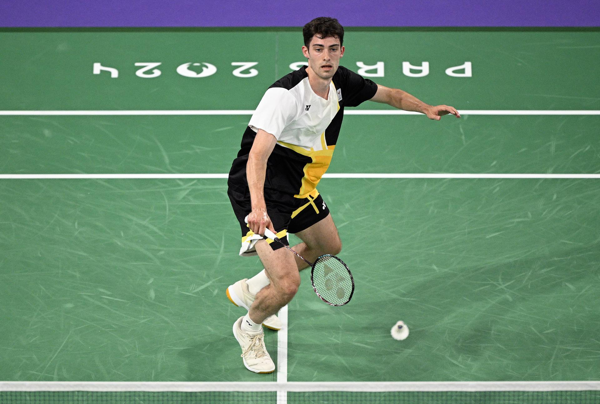 Belgian badminton player Julien Carraggi pictured in action during a badminton match against Indian Sen, in the group play stage of the men's singles tournament at the Paris 2024 Olympic Games, on Monday 29 July 2024 in Paris, France. The Games of the XXXIII Olympiad are taking place in Paris from 26 July to 11 August. The Belgian delegation counts 165 athletes competing in 21 sports. BELGA PHOTO JASPER JACOBS