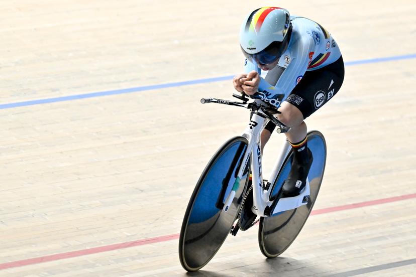 Belgian Luca Vierstraete pictured in action during the women's Individual Pursuit qualifications at the 2025 UEC Track Elite European Championships, in Heusden-Zolder, Belgium, Saturday 15 February 2025. The European Championships take place from 12 to 16 February. BELGA PHOTO DIRK WAEM