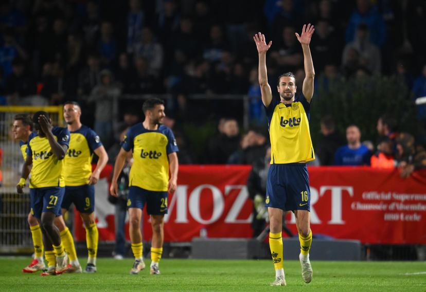 Union's Christian Burgess celebrates after scoring the 1-0 goal during a soccer match between Royale Union Saint-Gilloise and KRC Genk, Saturday 03 May 2025 in Brussels, on day 7 (out of 10) of the Champions' Play-offs of the 2024-2025 'Jupiler Pro League' first division of the Belgian championship. BELGA PHOTO JOHN THYS