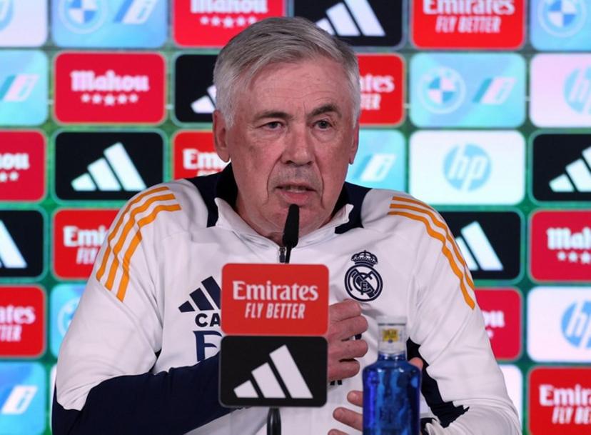 Real Madrid's Italian coach Carlo Ancelotti gives a press conference at Real Madrid Sports City in Valdebebas ahead of their Liga football match against Mallorca, in Madrid on May 13, 2025.   Thomas COEX / AFP