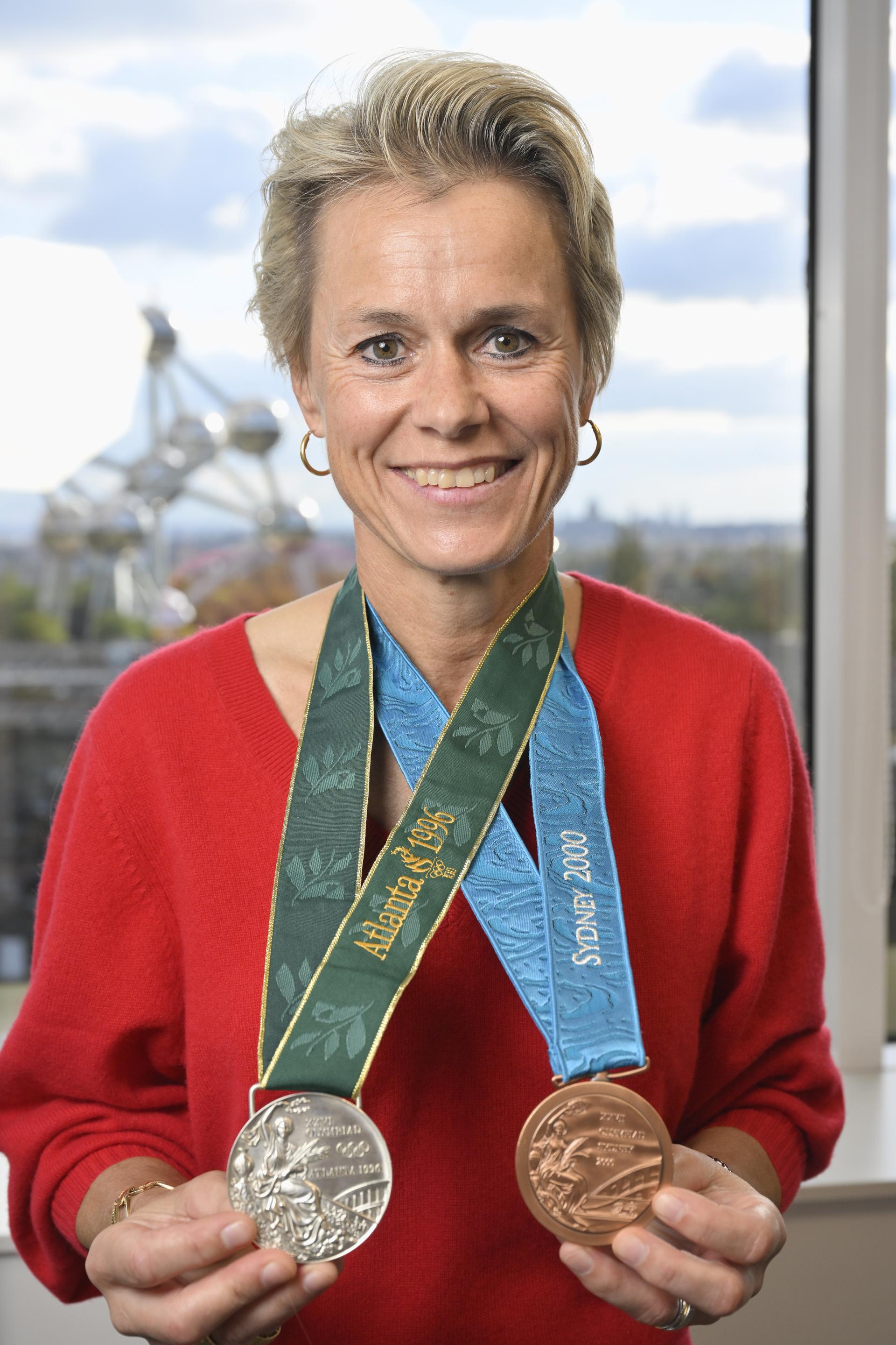Former Belgian judoka Gella Vandecaveye pictured during the delivering of replica medals stolen from judoka Vandecaveye at the BOIC headquarters, Thursday 03 October 2024, in Brussels. Vandecaveye had her silver medal from Atlanta 1996 and her bronze medal from Sydney 2000 stolen from an underground parking lot near Brussels' Gare du Midi at the end of November. BELGA PHOTO ERIC LALMAND