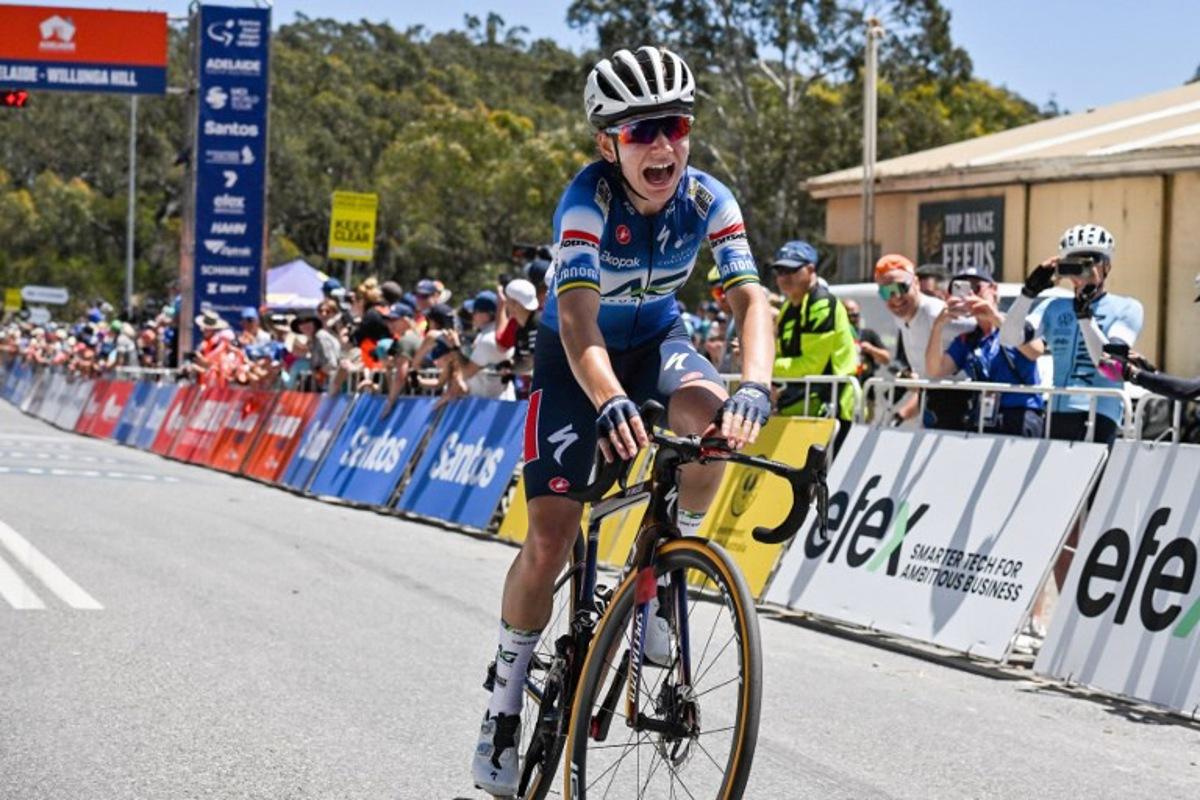 FDJ-SUEZ rider Sarah Gigante from Australia reacts as she wins the third stage of the Tour Down Under cycling race in Adelaide on January 14, 2024.  Brenton EDWARDS / AFP