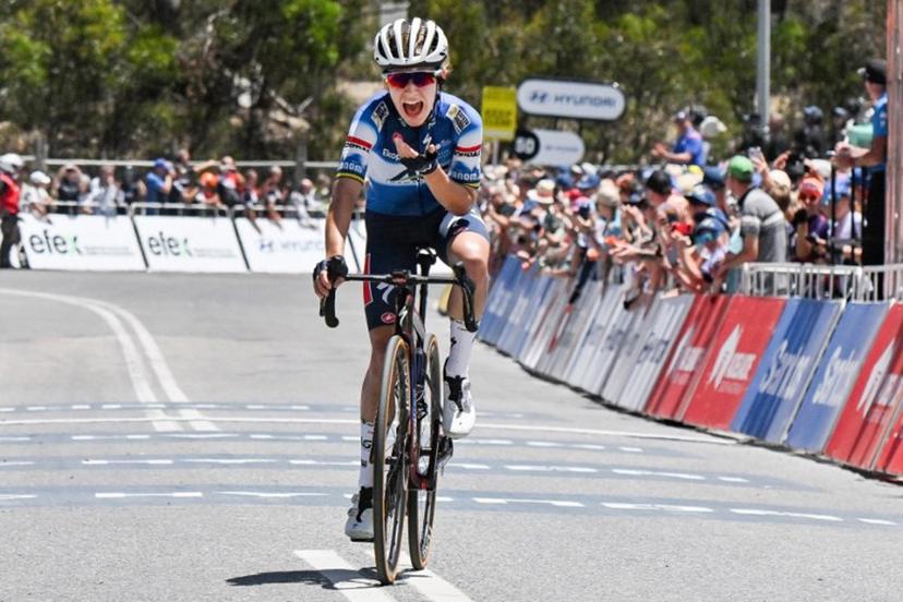 AG Insurance - Soudal rider Sarah Gigante from Australia reacts as she wins the third stage of the Tour Down Under cycling race in Adelaide on January 14, 2024.  Brenton EDWARDS / AFP
