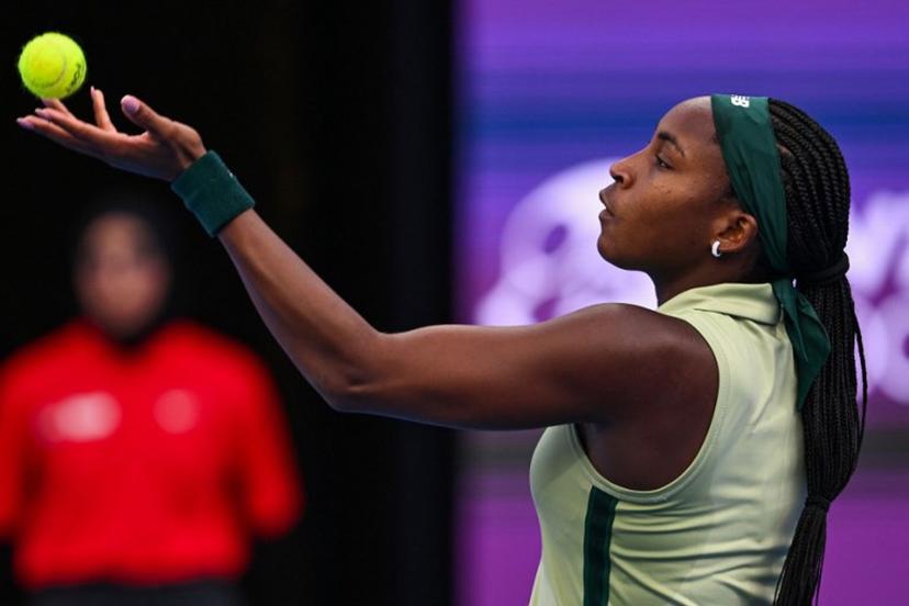 Coco Gauff of the USA serves the ball to Marta Kostyuk of the Ukraine during their 2025 WTA Qatar Open match at the Khalifa International Tennis Complex in Doha on February 11, 2025.  Mahmud HAMS / AFP