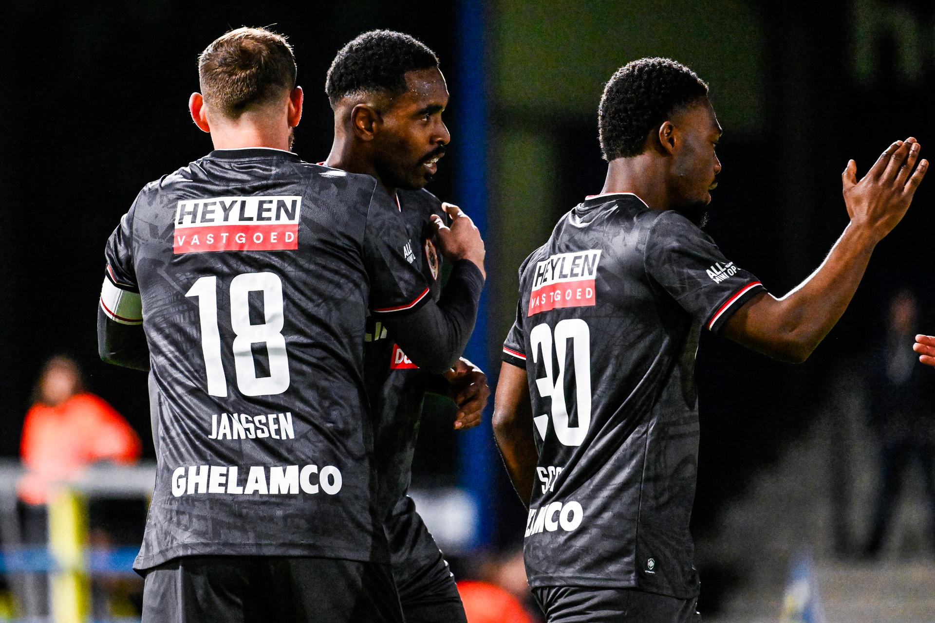 Antwerp's Gyrano Kerk, Antwerp's Vincent Janssen and Antwerp's Christopher Scott celebrate after scoring during a soccer match between KVC Westerlo and Royals Antwerp FC, Saturday 25 April 2026 in Westerlo, on day 5 of the Europe Play-offs (PO2) of the 2025-2026 'Jupiler Pro League' first division of the Belgian championship. BELGA PHOTO TOM GOYVAERTS