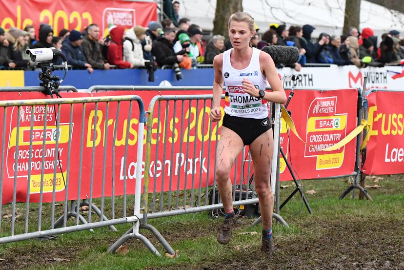 Belgian Juliette Thomas pictured in action during the elite women race at the European Cross Country Championships in Brussels, Sunday 10 December 2023 BELGA PHOTO JILL DELSAUX