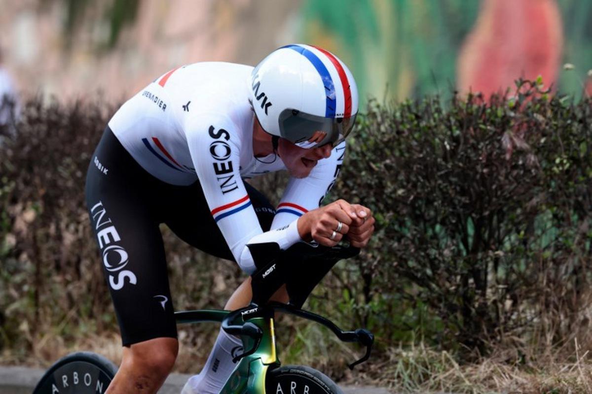 Ineos Grenadiers' British rider Joshua Tarling competes during the second stage of the 108th Giro d'Italia cycling race, a 13.7km individual time-trial from Tirana to Tirana in Albania, on May 10, 2025.  Luca Bettini / AFP