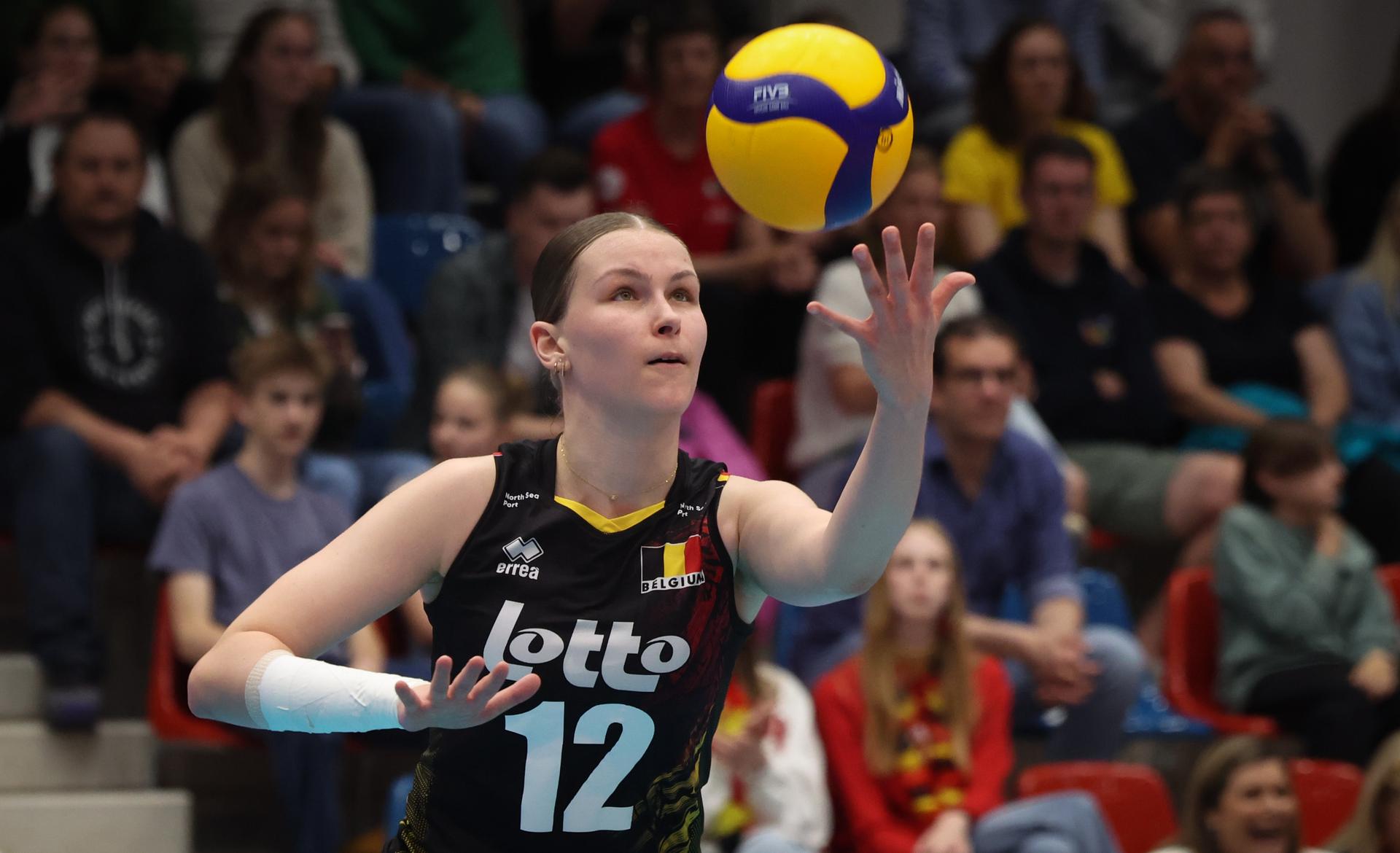 Belgium's Charlotte Krenicky pictured in action during a volleyball match between Belgium's national women's volleyball team, the Yellow Tigers, and the Estonian national women's volleyball team, in match 3/6 of the League Round of the European Golden League women, in Beveren, Friday 24 May 2024. BELGA PHOTO VIRGINIE LEFOUR