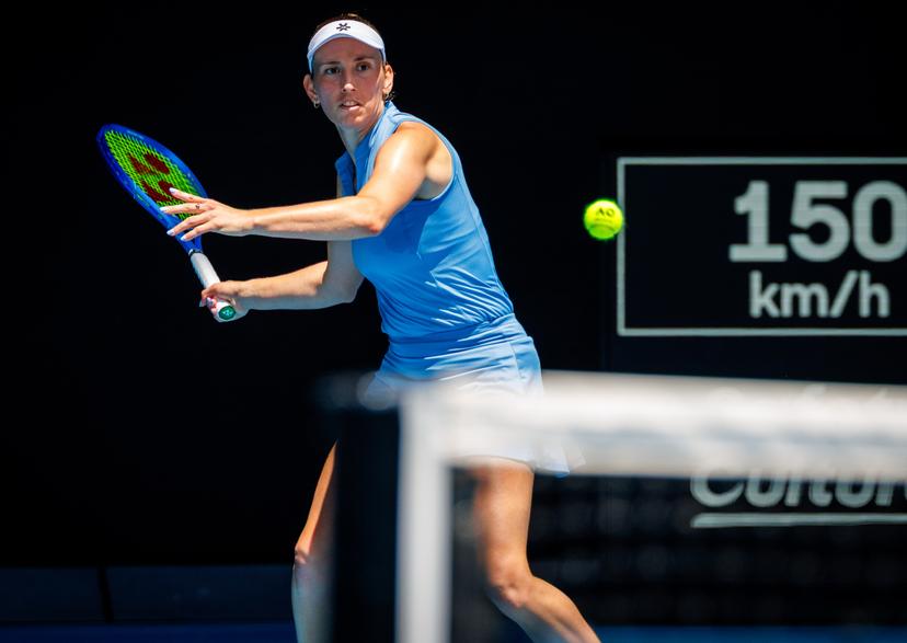 Belgian Elise Mertens pictured in action during a doubles tennis match between Belgian-Chinese pair Mertens-Zhang and Kazakh/Serbian pair Danilina/Krunic, in the final of the women doubles at the Australian Open, Melbourne Park, Melbourne on Saturday 31 January 2026. BELGA PHOTO PATRICK HAMILTON  --- BENELUX ONLY   ---