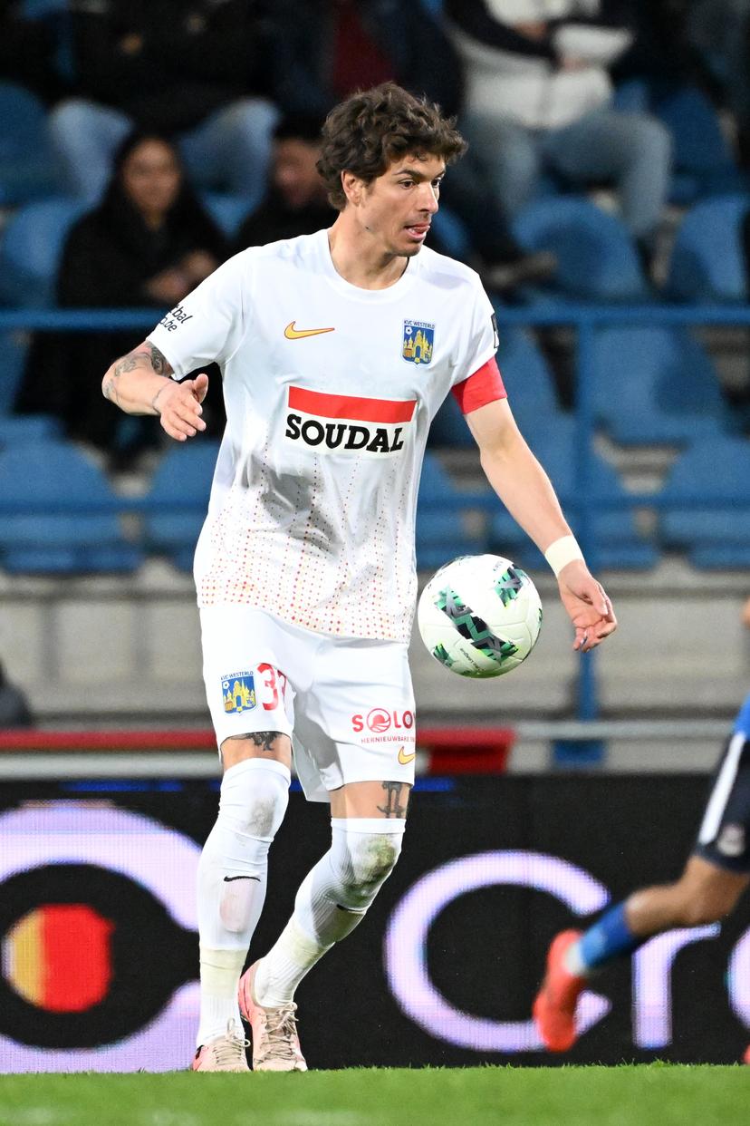 Westerlo's Roman Neustadter pictured in action during a soccer match between FCV Dender EH and KVC Westerlo, Sunday 30 March 2025 in Denderleeuw, on day 1 (out of 10) of the Europe Play-offs of the 2024-2025 'Jupiler Pro League' first division of the Belgian championship. BELGA PHOTO MAARTEN STRAETEMANS