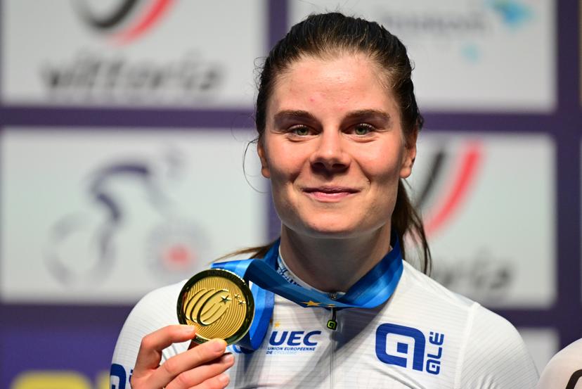 Winner Belgian Lotte Kopecky celebrates on the podium wearing the European champion jersey of the women's Elimination Race Event on the second day of the 2026 UEC Track Elite European Championships, in Konya, Turkey, Monday 02 February 2026. The European Championships take place from 01 to 05 February 2026. BELGA PHOTO DIRK WAEM