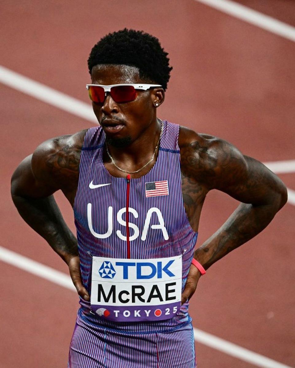 US' athlete Khaleb Mcrae reacts after competing in the men's 400m heats during the World Athletics Championships in Tokyo on September 14, 2025.  Yuichi YAMAZAKI / AFP
