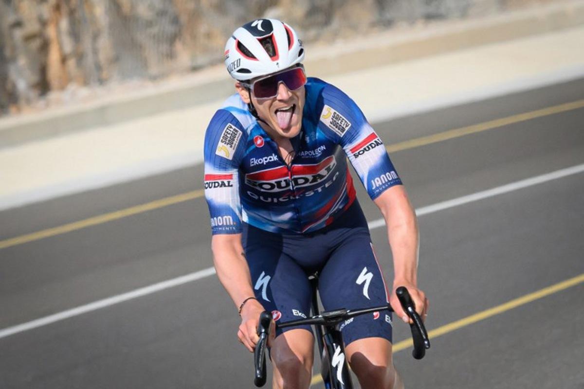 Soudal Quick-Step team's belgian rider Louis Vervaeke competes during the second stage from Al Rustaq fort to Yitti Hills, of the Tour of Oman cycling race, on February 9, 2025.  Loic VENANCE / AFP