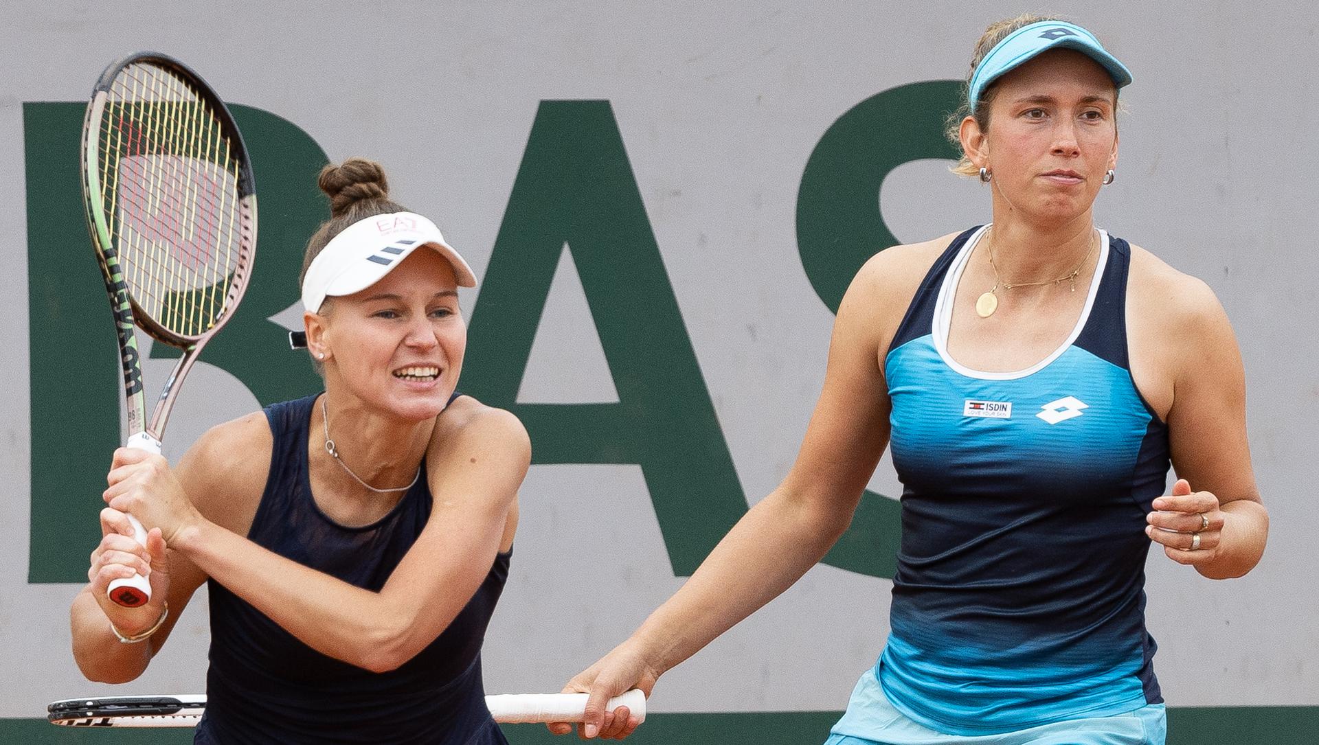 Russian Veronika Kudermetova and Belgian Elise Mertens pictured during a tennis match between Belgian-Russian pair Mertens-Kudermetova against Croatian-American pair Martic-Rogers, in the first round of the women's doubles tournament, at the Roland Garros French Open tennis tournament, in Paris, France, Wednesday 25 May 2022. This year's tournament takes place from 22 May to 5 June. BELGA PHOTO BENOIT DOPPAGNE