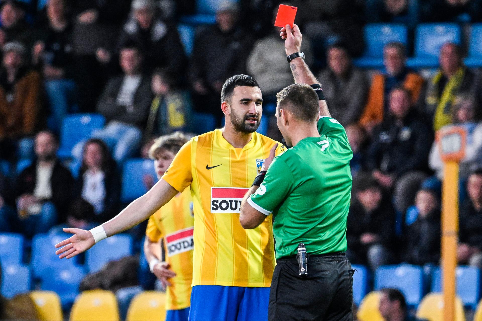 Westerlo's Emin Bayram receives a red card from referee Nicolas Laforge during a soccer match between KVC Westerlo and Royals Antwerp FC, Saturday 25 April 2026 in Westerlo, on day 5 of the Europe Play-offs (PO2) of the 2025-2026 'Jupiler Pro League' first division of the Belgian championship. BELGA PHOTO TOM GOYVAERTS