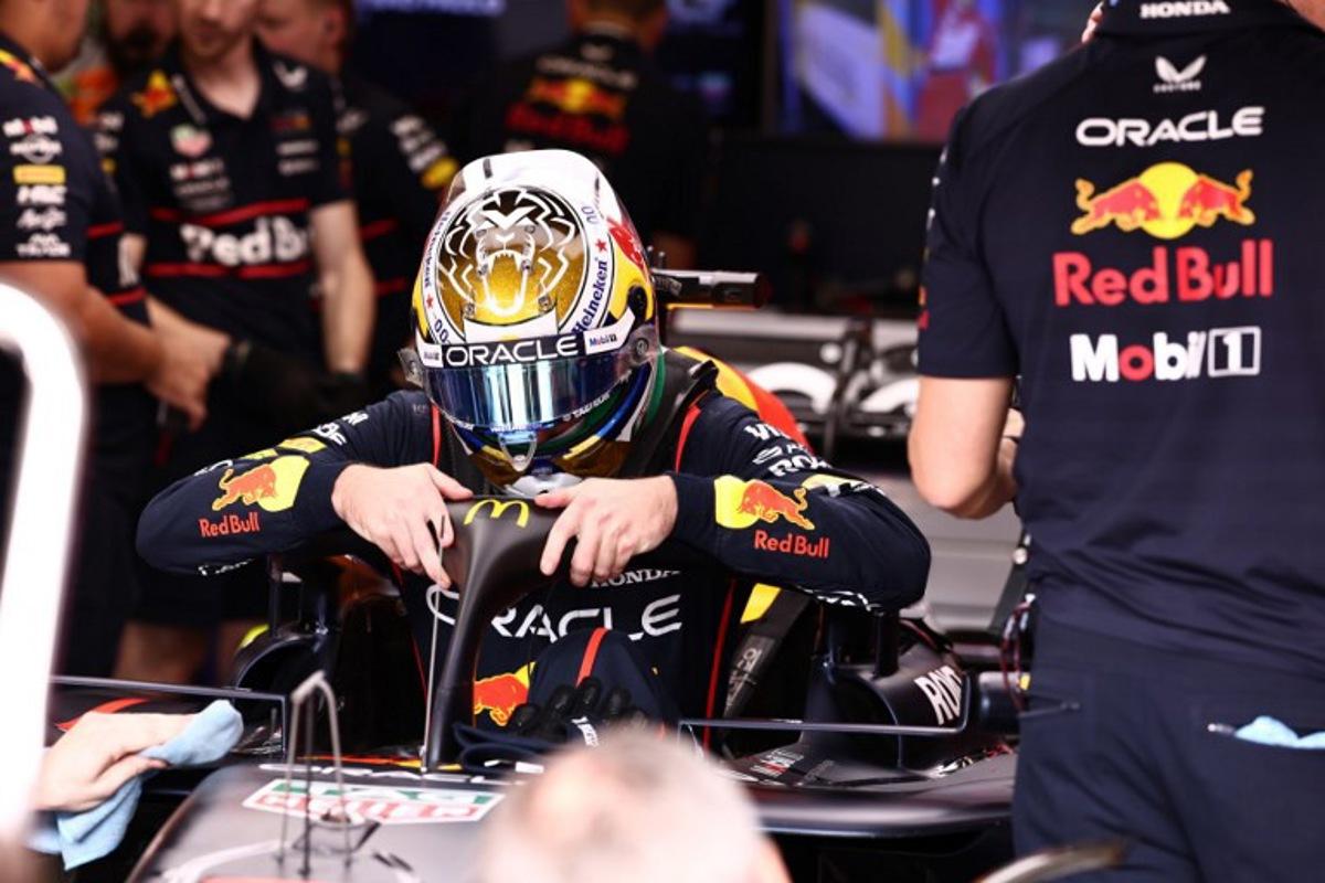 Red Bull Racing's Dutch driver Max Verstappen gets out of his car during the qualifying session of the Sao Paulo Formula One Grand Prix at the Jose Carlos Pace racetrack, aka Interlagos, in Sao Paulo, Brazil on November 8, 2025.  JEAN CARNIEL / POOL / AFP