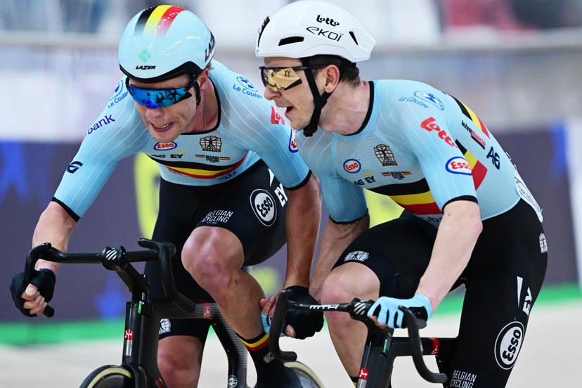 Belgian Jules Hesters and Belgian Jasper De Buyst pictured in action during the men's Madison final at the fifth and last day of the 2026 UEC Track Elite European Championships, in Konya, Turkey, Thursday 05 February 2026. The European Championships take place from 01 to 05 February 2026. BELGA PHOTO DIRK WAEM