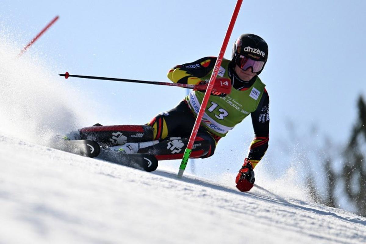 Belgium's Armand Marchant competes in the first run of the Men's Slalom event, part of FIS Alpine Ski World Cup 2025-2026 in Kranjska Gora, Slovenia on March 8, 2026.  JURE MAKOVEC / AFP