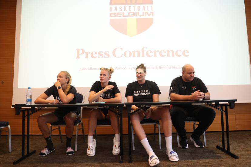 Belgium's Julie Allemand, Belgium's Julie Vanloo, Belgium's Kyara Linskens and Belgium's head coach Rachid Meziane pictured during a press conference of the Belgian national basketball team Belgian Cats in Ljubljana, Slovenia, on Saturday 24 June 2023, at the FIBA Women EuroBasket 2023 European Championships in Israel and Slovenia. Tomorrow the Cats will meet France in the semi-finals. BELGA PHOTO VIRGINIE LEFOUR
