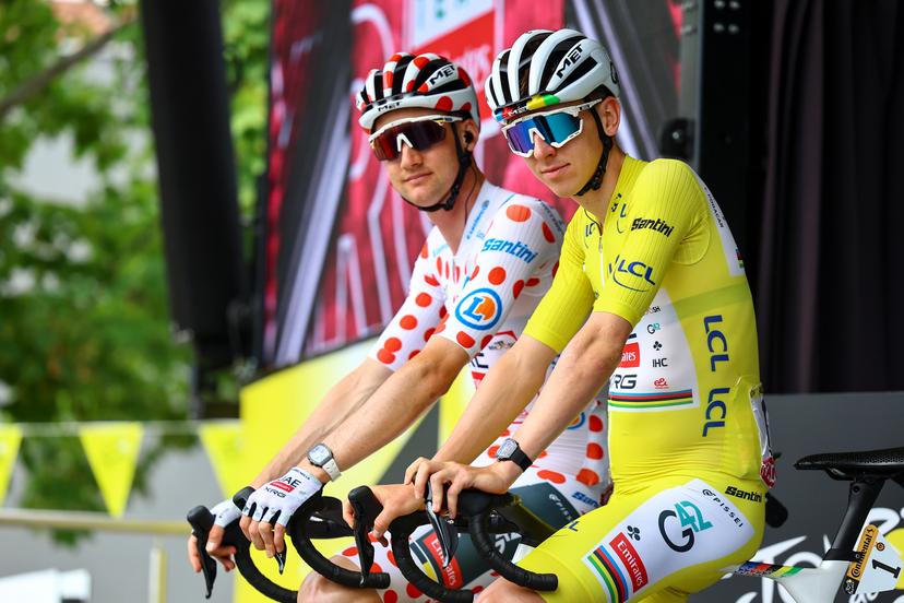 Belgian Tim Wellens of UAE Team Emirates and Slovenian Tadej Pogacar of UAE Team Emirates pictured at the start of stage 10 of the 2025 Tour de France cycling, from Ennezat to Le Mont-Dore Puy de Sancy (169 km), on Monday 14 July 2025 in France. The 112th edition of the Tour de France starts on Saturday 5 July in Lille, France, and will finish in Paris, France on the 27th of July. BELGA PHOTO DAVID PINTENS
