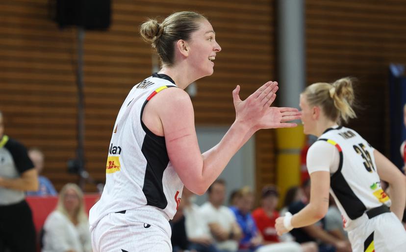 Belgium's Emma Meesseman celebrates during the third game and the last in the group stage (group C) between Belgian national women team 'the Belgian Cats' and Czech Republic national team, in Brno, Czech Republlic, on Sunday 22 June 2025, at the FIBA Women's EuroBasket 2025. BELGA PHOTO VIRGINIE LEFOUR