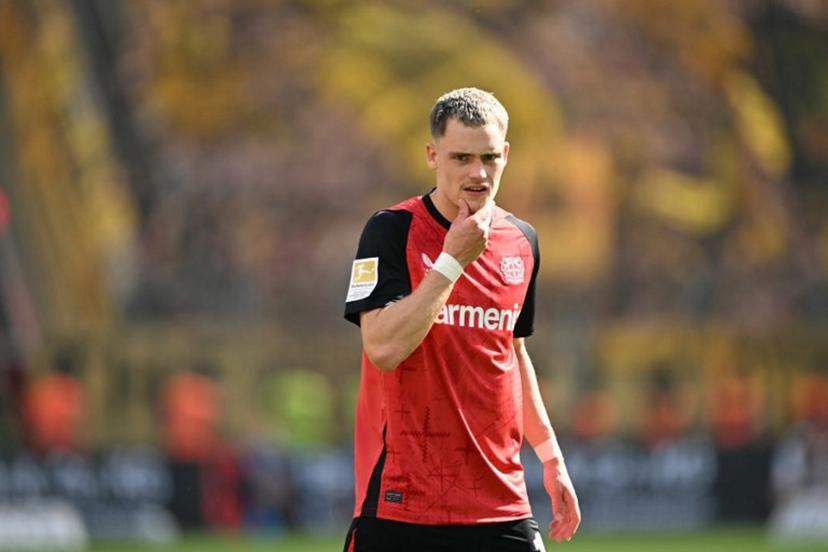 Bayer Leverkusen's German midfielder #10 Florian Wirtz reacts during the German first division Bundesliga football match between Bayer 04 Leverkusen and Borussia Dortmund in Leverkusen, western Germany, on May 11, 2025.  INA FASSBENDER / AFP