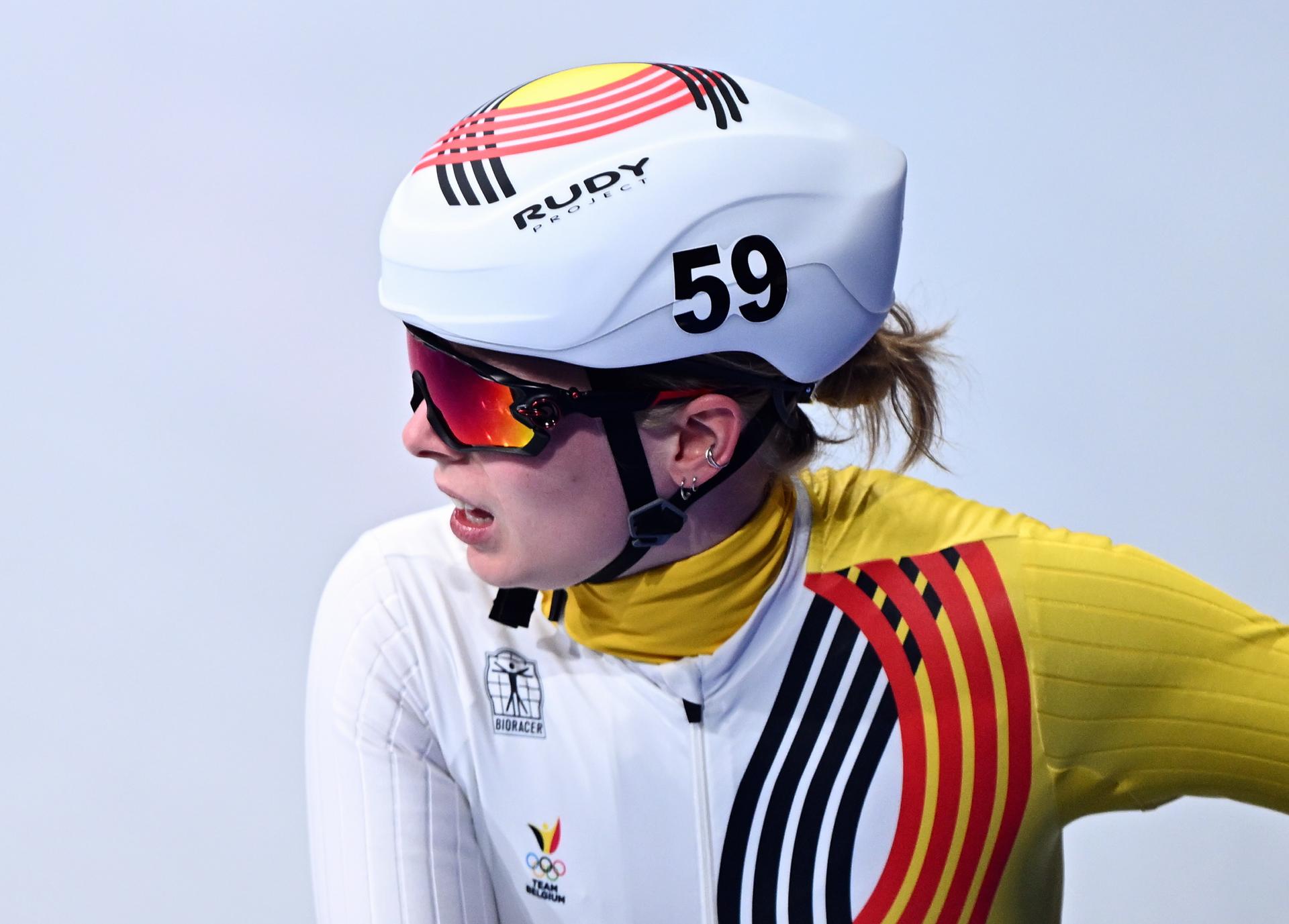 Belgian shorttrack skater Tineke den Dulk reacts after the quarterfinals of the women's 1500m Short Track Speed Skating, at the Milano Cortina 2026 Olympic Winter Games, on Thursday 12 February 2026 in Milan, Italy. The XXV Winter Olympics take place from 6 to 22 February 2026 in Italy. BELGA PHOTO JASPER JACOBS
