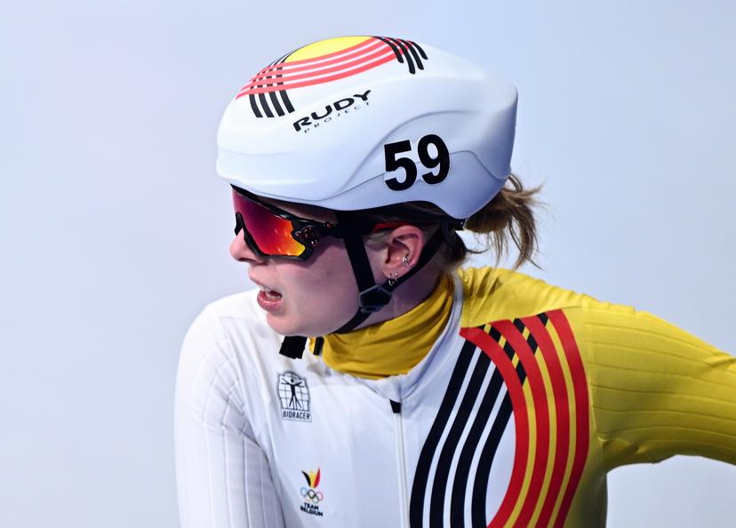 Belgian shorttrack skater Tineke den Dulk reacts after the quarterfinals of the women's 1500m Short Track Speed Skating, at the Milano Cortina 2026 Olympic Winter Games, on Thursday 12 February 2026 in Milan, Italy. The XXV Winter Olympics take place from 6 to 22 February 2026 in Italy. BELGA PHOTO JASPER JACOBS
