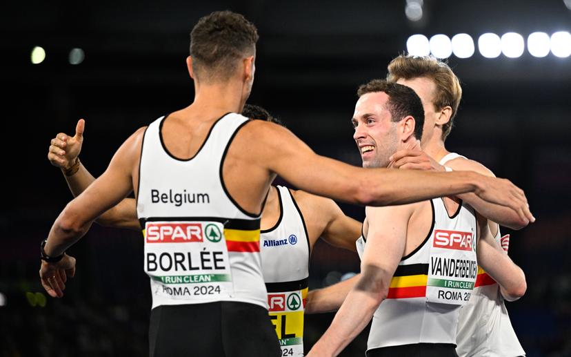 Belgian Dylan Borlee Belgian athlete Robin Vanderbemden, Belgian Jonathan Sacoor and Belgian Alexander Doom celebrate after winning the men 4x400m relay, at the European Championships Athletics in Rome, Italy, on Wednesday 12 June 2024. The European Athletics Championships take place from 7 to 12 June. BELGA PHOTO JASPER JACOBS