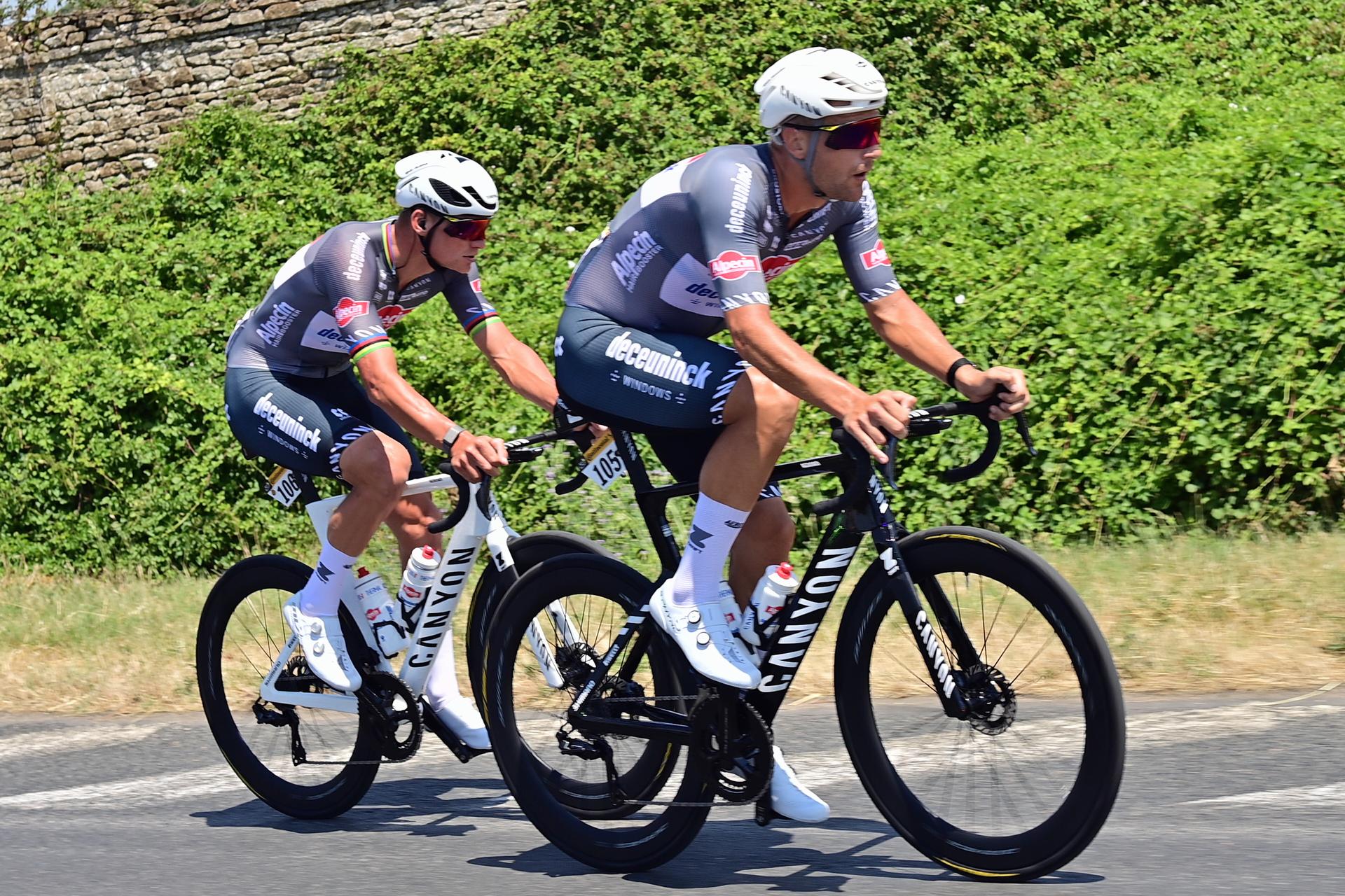 Belgian Jonas Rickaert of Alpecin-Deceuninck and Dutch Mathieu van der Poel of Alpecin-Deceuninck pictured in action during stage nine of the 2025 Tour de France cycling, from Chinon to Chateauroux (170 km), on Sunday 13 July 2025 in France. The 112th edition of the Tour de France starts on Saturday 5 July in Lille, France, and will finish in Paris, France on the 27th of July. BELGA PHOTO POOL  POOL PETE GODING