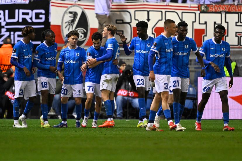 Genk's Zakaria El Ouahdi celebrates after scoring during a game between Belgian soccer team KRC Genk and German Freiburg, Thursday 12 March 2026 in Genk, the first leg of the 1/16 Finals of the UEFA Europa League tournament. BELGA PHOTO JOHAN EYCKENS
