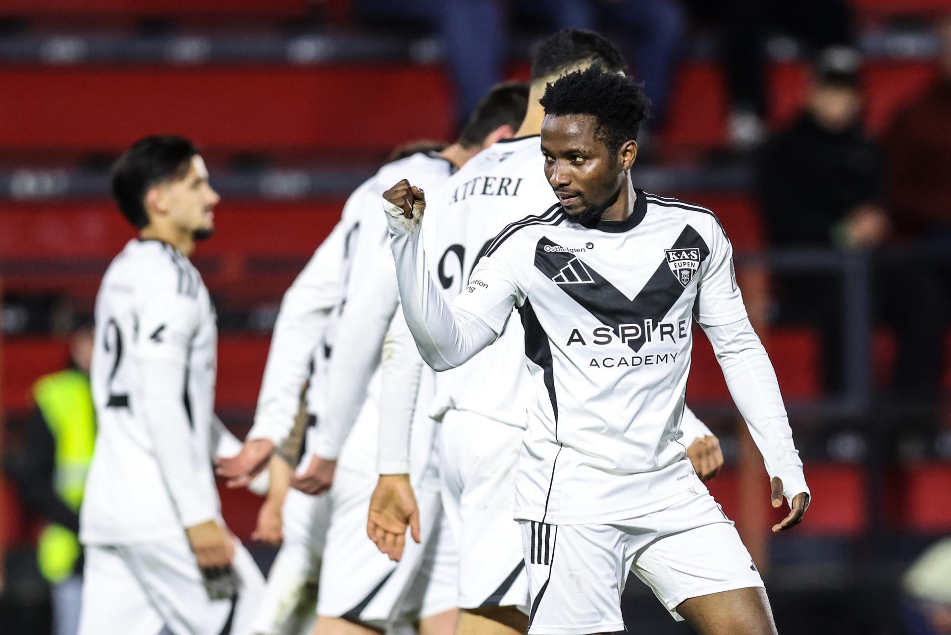 Eupen's Isaac Nuhu celebrates after scoring during a soccer game between RFC Seraing and KAS Eupen, Friday 05 December 2025 in Seraing, on day 16 of the 2025-2026 'Challenger Pro League' 1B second division of the Belgian championship. BELGA PHOTO BRUNO FAHY