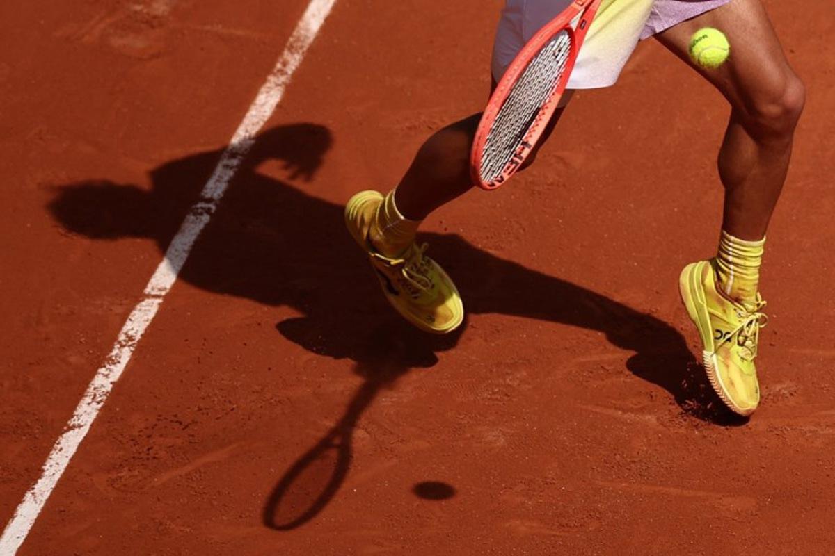 The shadow of Italy's Flavio Cobolli laying a forehand to Germany's Alexander Zverev is casted on the clay during their men's singles match on day 7 of the French Open tennis tournament on Court Philippe-Chatrier at the Roland-Garros Complex in Paris on May 31, 2025.  Anne-Christine POUJOULAT / AFP