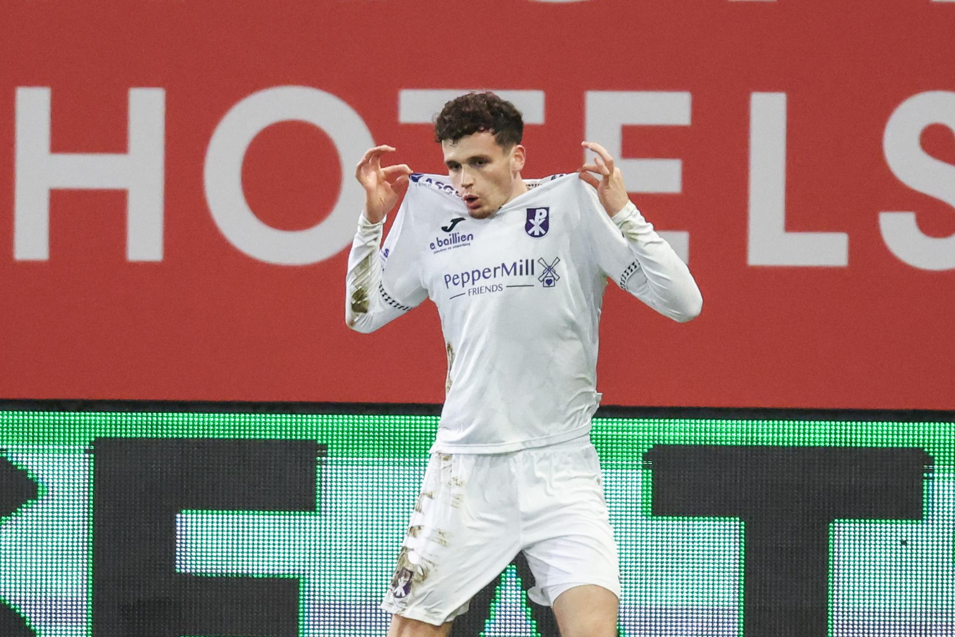 Patro Eisden's Leandro Rousseau celebrates after scoring during a soccer game between RWDM Brussels and Patro Eisden Maasmechelen, Saturday 24 January 2026 in Brussels, on day 21 (out of 30) of the 2025-2026 'Challenger Pro League' 1B second division of the Belgian championship. BELGA PHOTO BRUNO FAHY