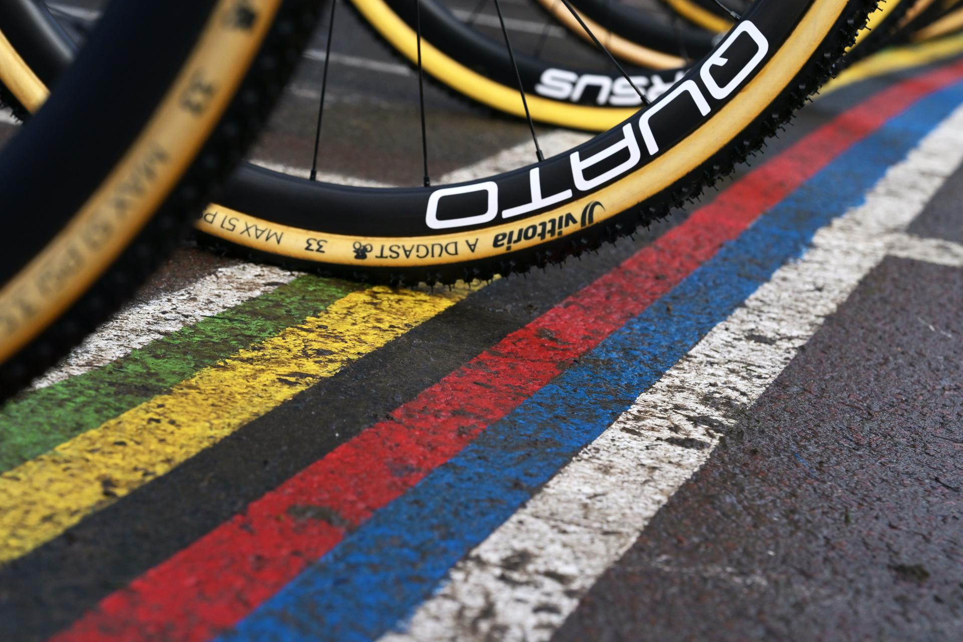 Illustration picture shows bicycle wheels at the start of the junior women race at the UCI Cyclocross World Championships, on Saturday 31 January 2026, in Hulst, The Netherlands. BELGA PHOTO DAVID PINTENS