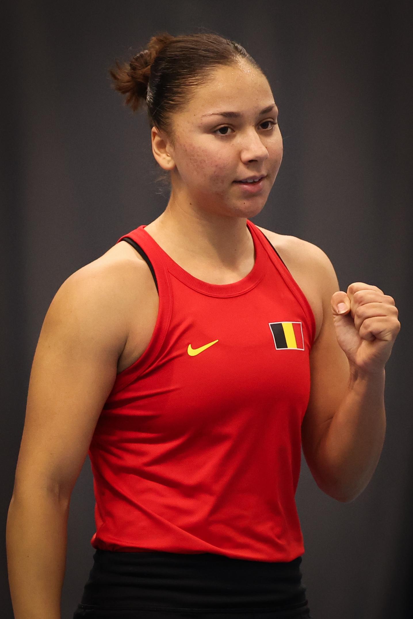 Belgian Sofia Costoulas celebrates during a tennis match between Belgian Costoulas and Hungarian Toth, in the meeting between Belgium and Hungary in the pool phase of the Europe/Africa Group I of the Billie Jean King Cup tennis, in Vilnius, Lithuania on Wednesday 09 April 2025. PHOTO VIRGINIE LEFOUR PHOTO VIRGINIE LEFOUR