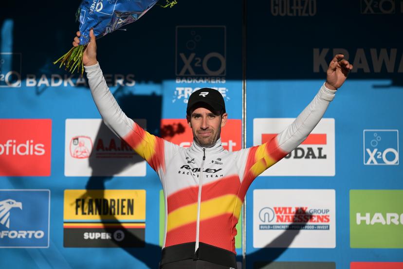 Second Spanish Felipe Orts Lloret celebrates on the podium of the men's elite race of the Krawatencross cyclocross in Lille, the seventh stage (out of 8) in the X2O Badkamers Trofee competition, on Sunday 08 February 2026. BELGA PHOTO DAVID PINTENS