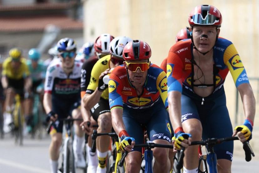 Lidl-Trek's Danish rider Mads Pedersen (C) cycles with the pack of riders during the first stage of the 108th Giro d'Italia cycling race, 160km from Durres to Tirana in Albania, on May 9, 2025.  Luca Bettini / AFP