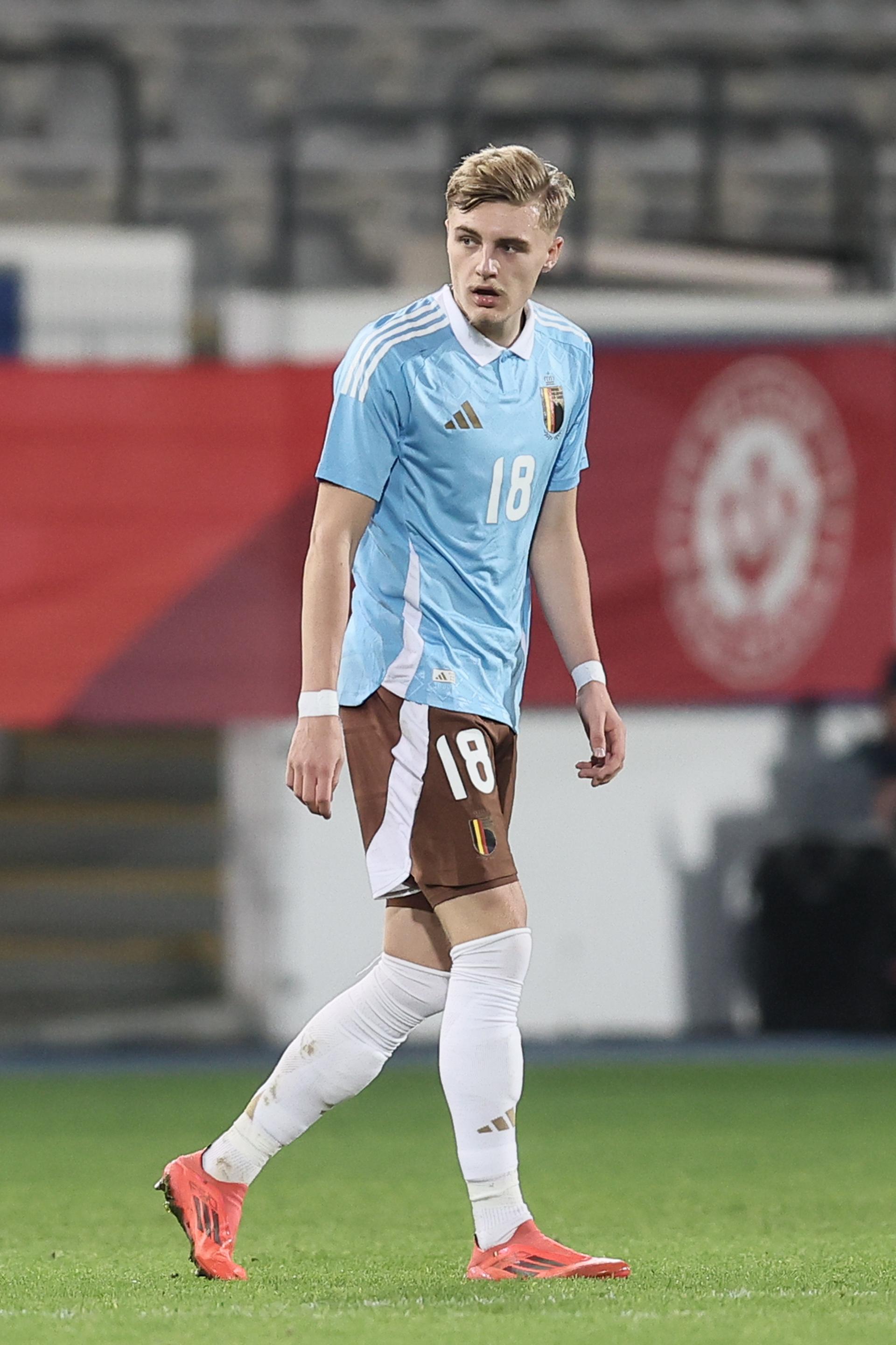 Belgium's Norman Bassette pictured during a soccer game between the U21 youth team of the Belgian national team Red Devils and the U21 of Czechia, in Heverlee, Leuven, on Friday 15 November 2024, the first leg of the play-offs for the 2025 UEFA European Under21 Championship. BELGA PHOTO BRUNO FAHY