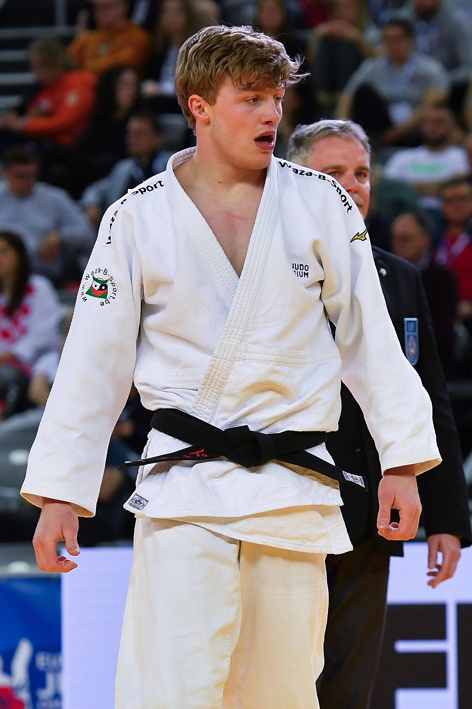 Belgian Jarne Duyck (White) reacts during a fight in the men's -81kg pool C at the European Championships judo in Zagreb, Croatia on Friday 26 April 2024. The tournament is taking place from 25 tot 27 April.  BELGA PHOTO NIKOLA KRISTC